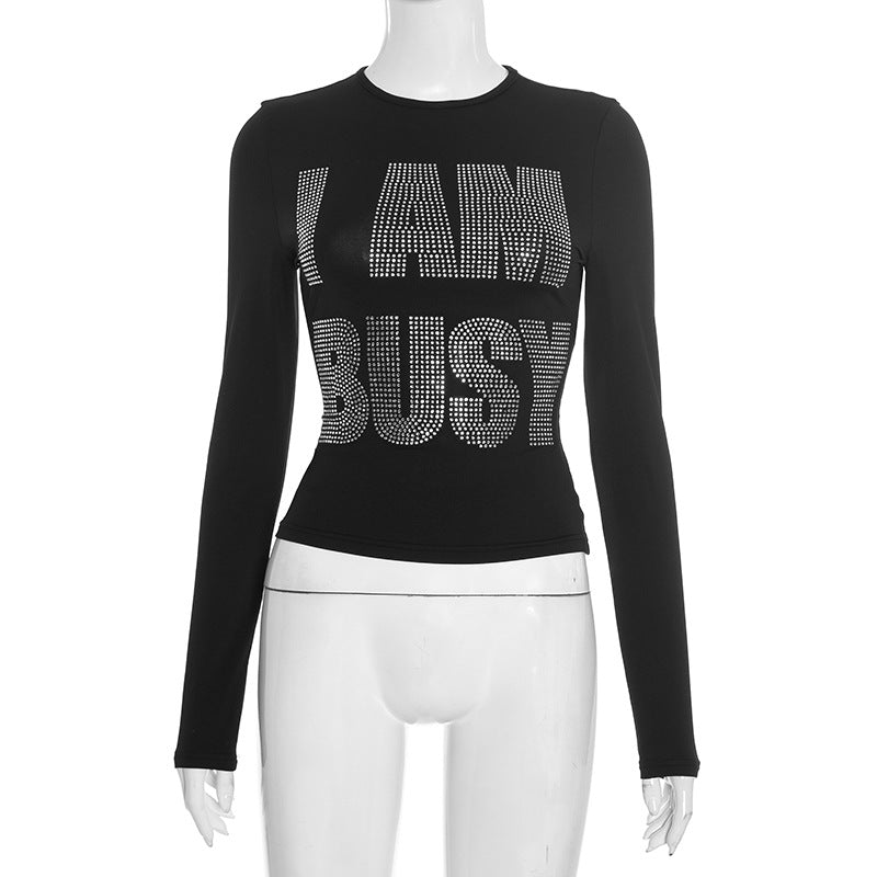 "I AM BUSY" Rhinestone Long Sleeve Top - Fall & Holiday Statement Tee for Women