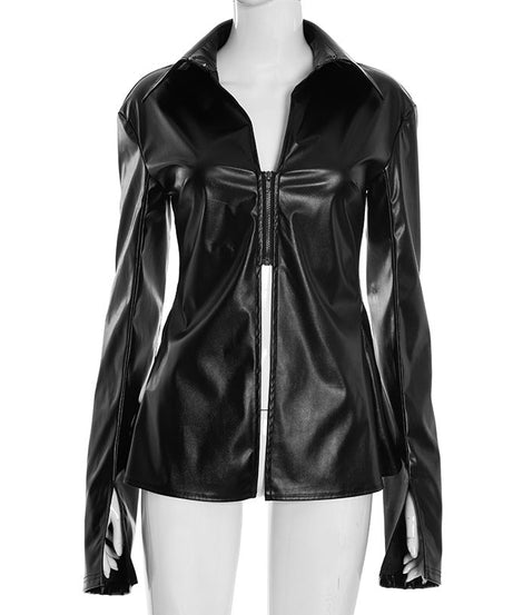 American Chic Faux Leather Zip-Up Top - Edgy Collared Split Hem for Fall & Holiday Style
