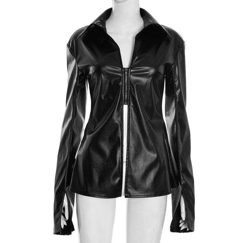 American Chic Faux Leather Zip-Up Top - Edgy Collared Split Hem for Fall & Holiday Style