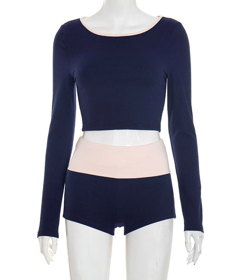 Effortless Fall Comfort: Chic Navy Long Sleeve Crop Top & High-Waisted Shorts Set