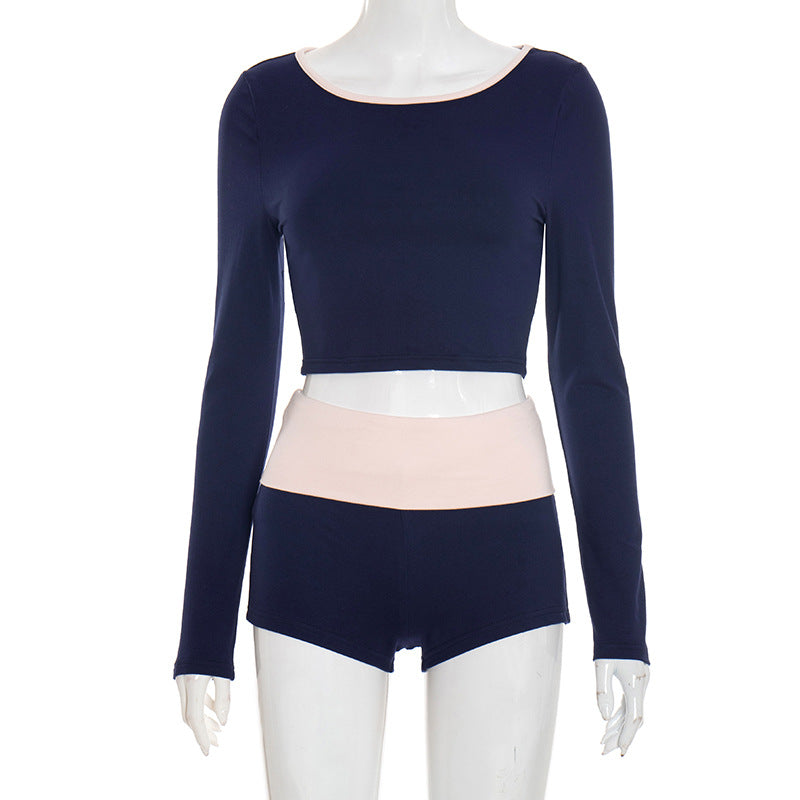 Effortless Fall Comfort: Chic Navy Long Sleeve Crop Top & High-Waisted Shorts Set