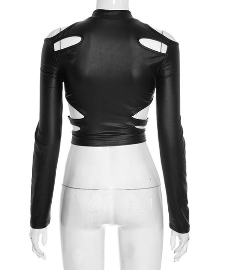 Unleash Your Edge: Sleek Faux Leather Cut-Out Crop Top - Mock Neck Zip-Up Long Sleeve for Fall & Holiday Parties