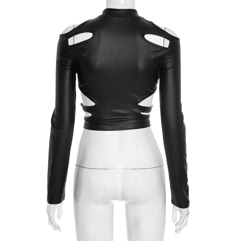 Unleash Your Edge: Sleek Faux Leather Cut-Out Crop Top - Mock Neck Zip-Up Long Sleeve for Fall & Holiday Parties