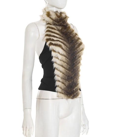 Glamorous Chevron Faux Fur Halter Top: Backless Style for Fall & Winter Celebrations