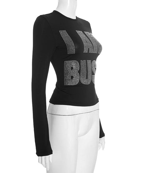 "I AM BUSY" Rhinestone Long Sleeve Top - Fall & Holiday Statement Tee for Women