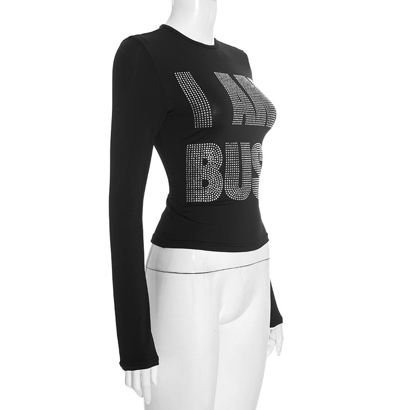 "I AM BUSY" Rhinestone Long Sleeve Top - Fall & Holiday Statement Tee for Women