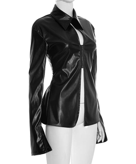 American Chic Faux Leather Zip-Up Top - Edgy Collared Split Hem for Fall & Holiday Style