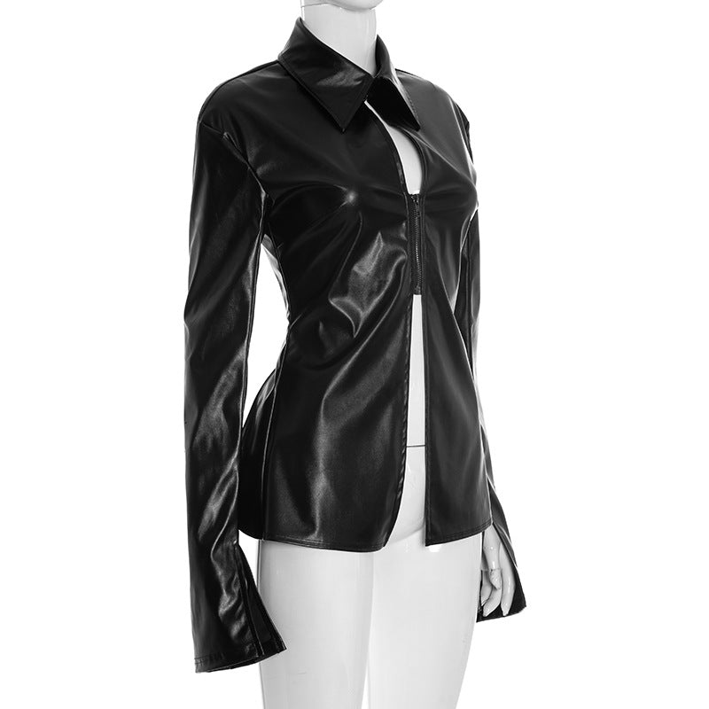 American Chic Faux Leather Zip-Up Top - Edgy Collared Split Hem for Fall & Holiday Style