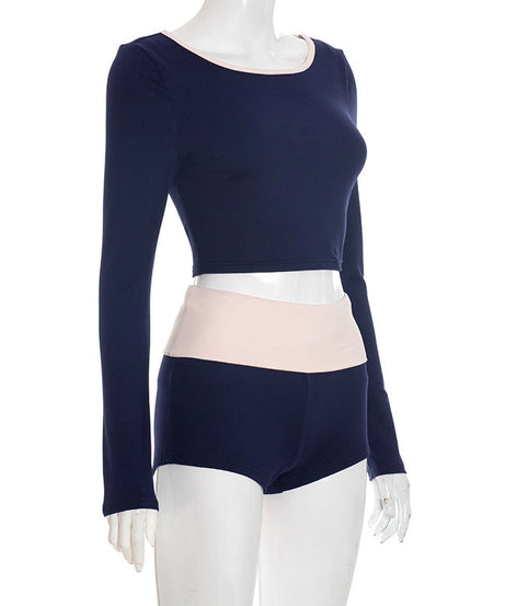 Effortless Fall Comfort: Chic Navy Long Sleeve Crop Top & High-Waisted Shorts Set