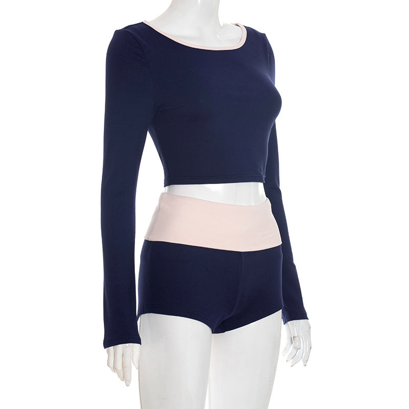 Effortless Fall Comfort: Chic Navy Long Sleeve Crop Top & High-Waisted Shorts Set