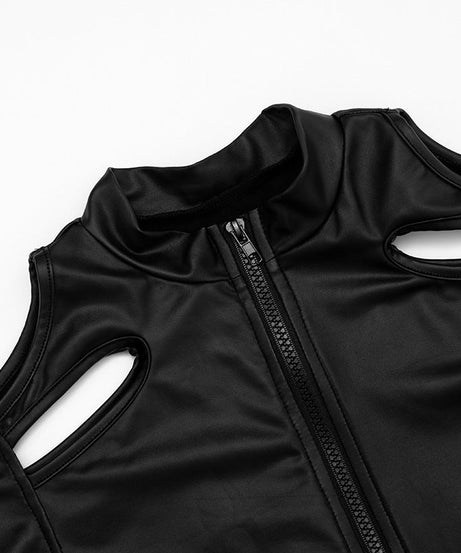 Unleash Your Edge: Sleek Faux Leather Cut-Out Crop Top - Mock Neck Zip-Up Long Sleeve for Fall & Holiday Parties