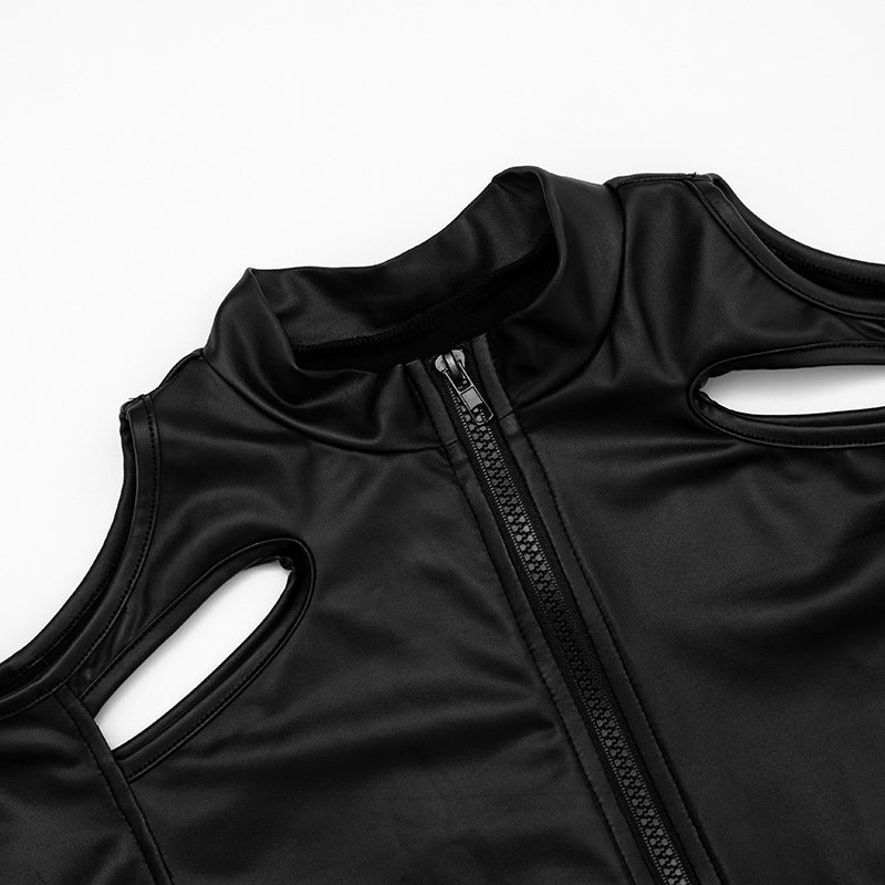 Unleash Your Edge: Sleek Faux Leather Cut-Out Crop Top - Mock Neck Zip-Up Long Sleeve for Fall & Holiday Parties