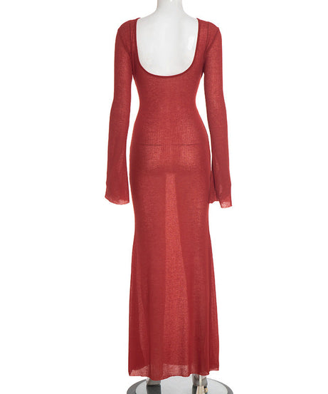 Autumn Blaze Sheer Knit Maxi Dress - Long Sleeve Bodycon with Elegant Back Detail