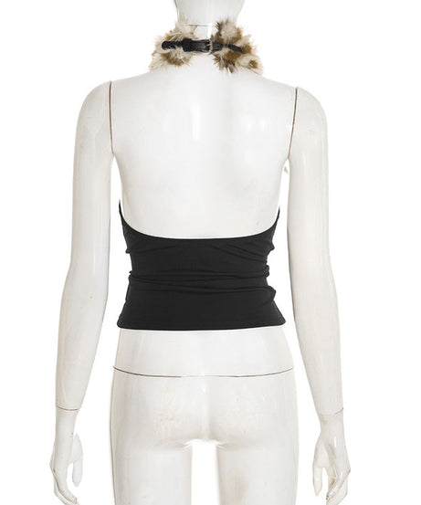 Glamorous Chevron Faux Fur Halter Top: Backless Style for Fall & Winter Celebrations