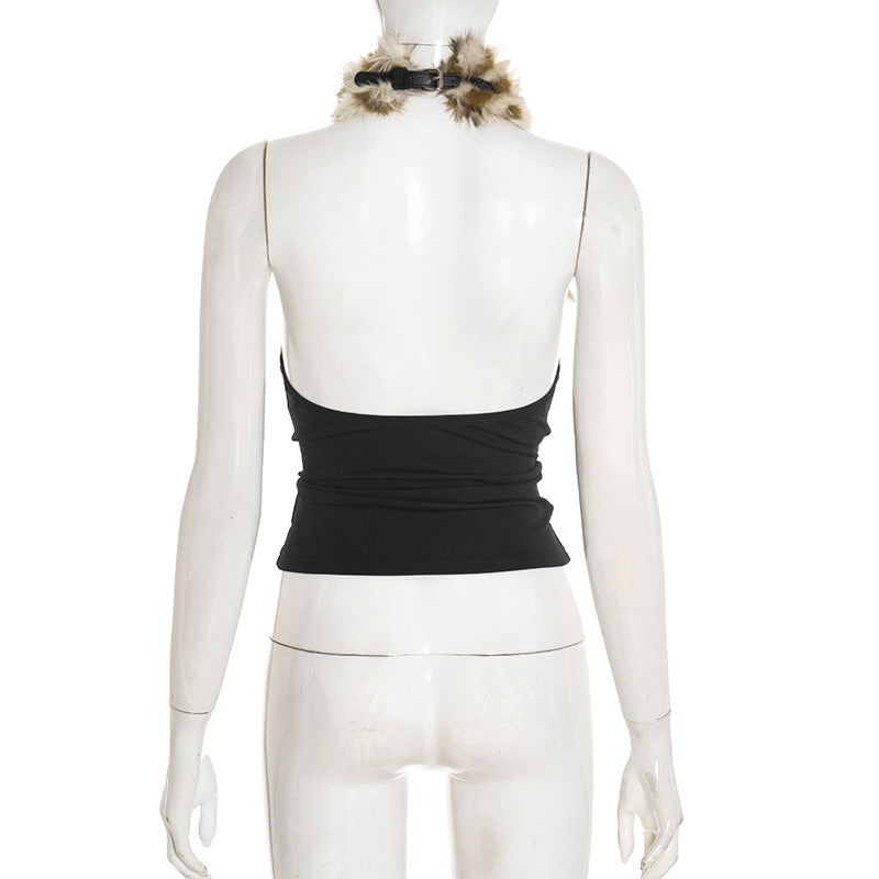 Glamorous Chevron Faux Fur Halter Top: Backless Style for Fall & Winter Celebrations