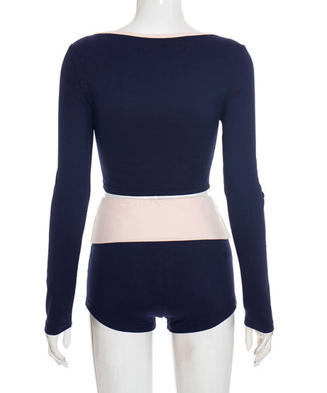 Effortless Fall Comfort: Chic Navy Long Sleeve Crop Top & High-Waisted Shorts Set