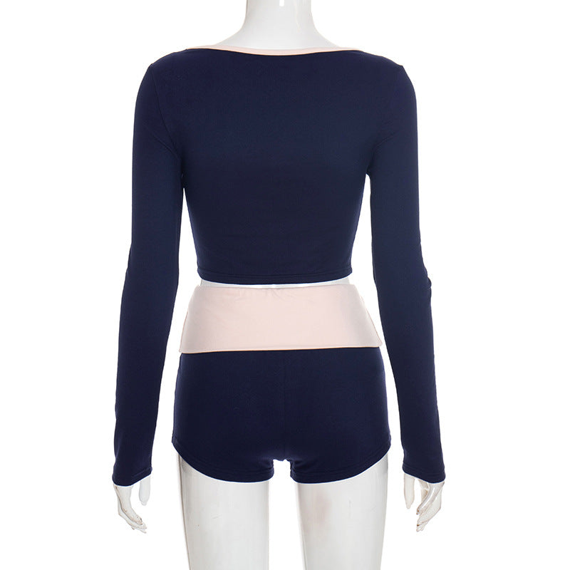 Effortless Fall Comfort: Chic Navy Long Sleeve Crop Top & High-Waisted Shorts Set