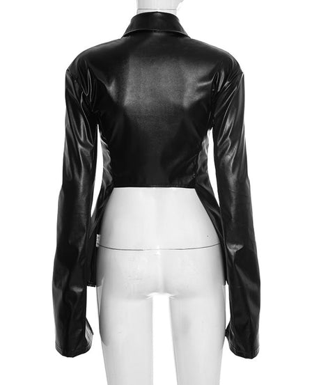American Chic Faux Leather Zip-Up Top - Edgy Collared Split Hem for Fall & Holiday Style