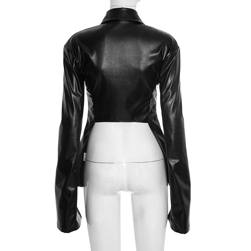 American Chic Faux Leather Zip-Up Top - Edgy Collared Split Hem for Fall & Holiday Style