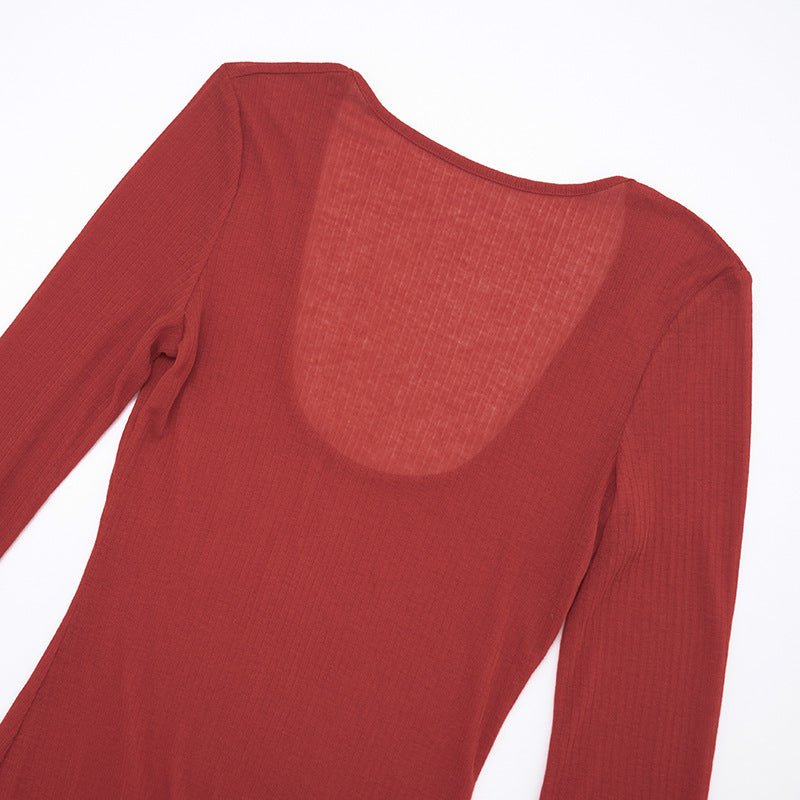 Autumn Blaze Sheer Knit Maxi Dress - Long Sleeve Bodycon with Elegant Back Detail