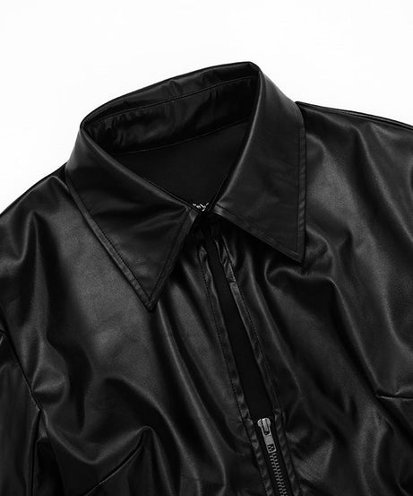 American Chic Faux Leather Zip-Up Top - Edgy Collared Split Hem for Fall & Holiday Style