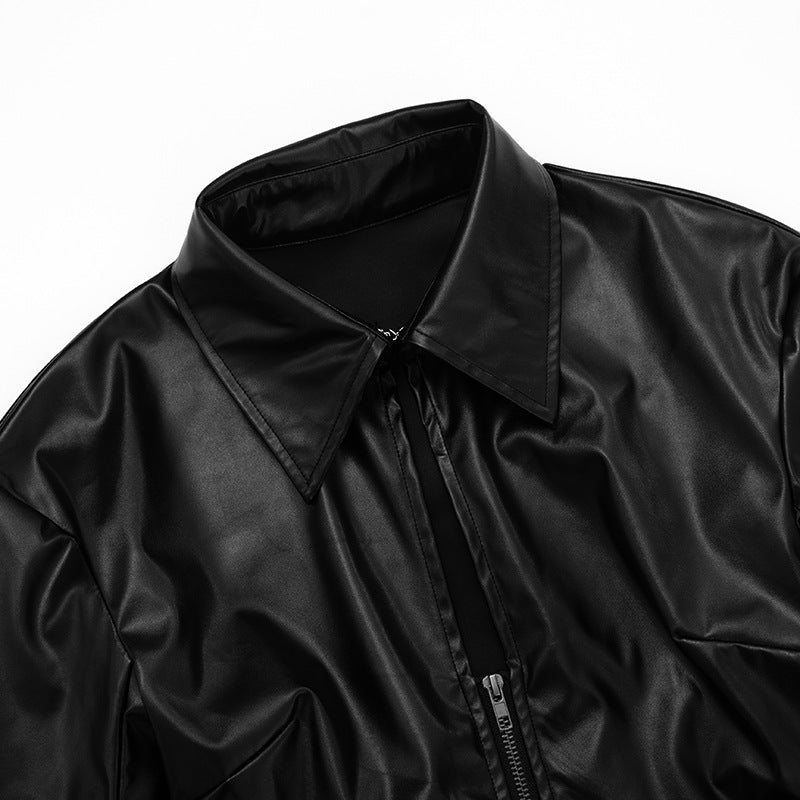 American Chic Faux Leather Zip-Up Top - Edgy Collared Split Hem for Fall & Holiday Style
