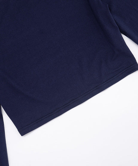 Effortless Fall Comfort: Chic Navy Long Sleeve Crop Top & High-Waisted Shorts Set