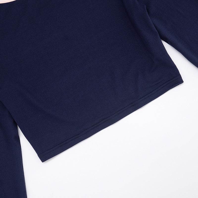 Effortless Fall Comfort: Chic Navy Long Sleeve Crop Top & High-Waisted Shorts Set