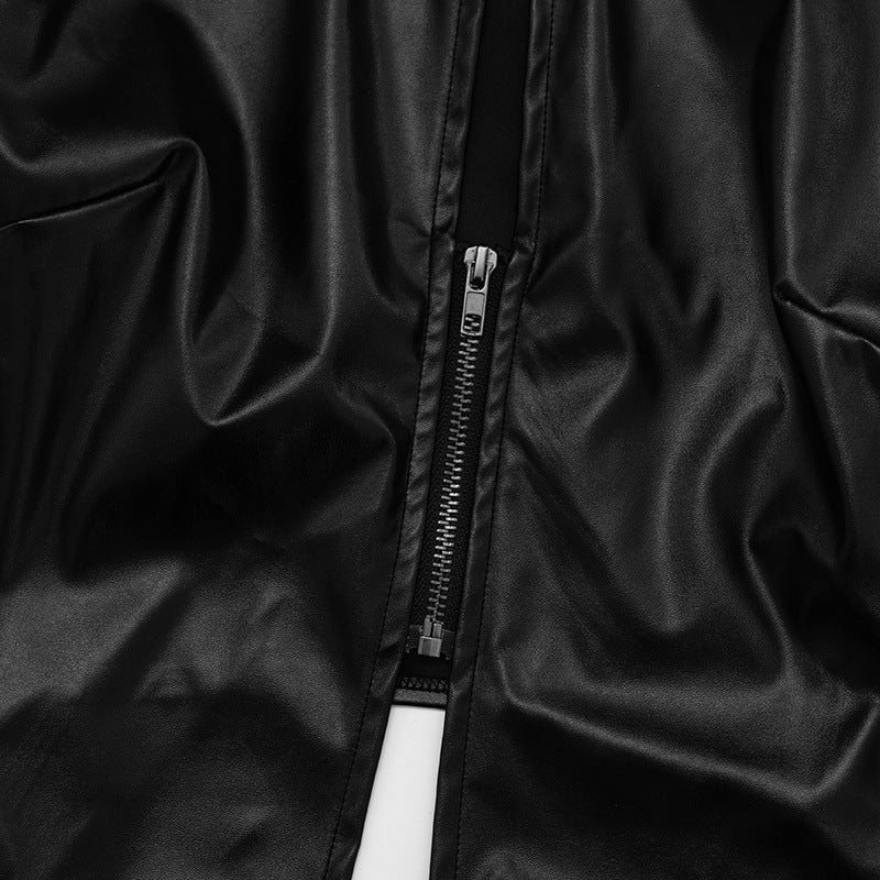 American Chic Faux Leather Zip-Up Top - Edgy Collared Split Hem for Fall & Holiday Style