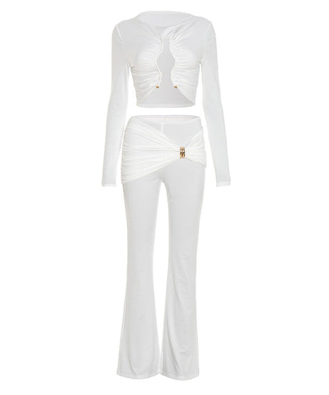 Chic White Ruched Cut-Out Long Sleeve Crop Top & Flare Pant Set | Holiday Party & Resort Ready