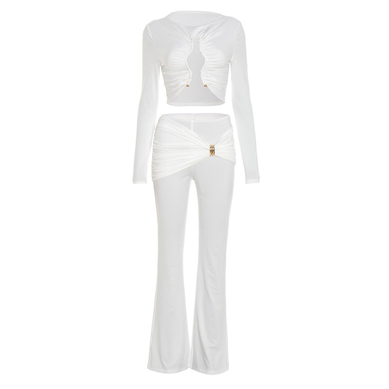 Chic White Ruched Cut-Out Long Sleeve Crop Top & Flare Pant Set | Holiday Party & Resort Ready