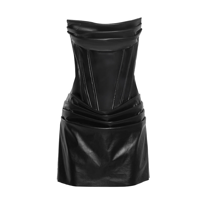 Sultry Faux Leather Corset Mini Dress - Strapless Ruched Bodycon for Holiday & NYE Parties
