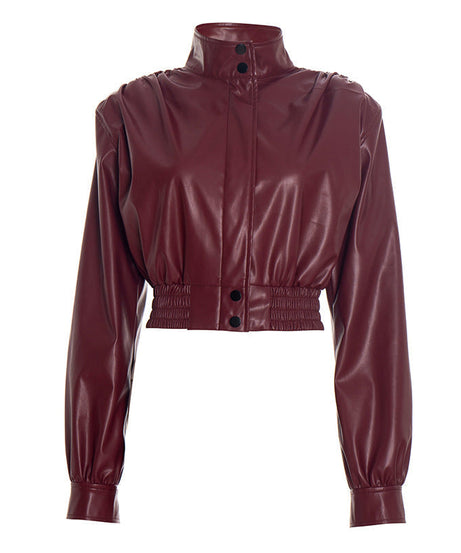 Chic Burgundy Faux Leather Cropped Bomber Jacket - Essential Fall & Holiday Style