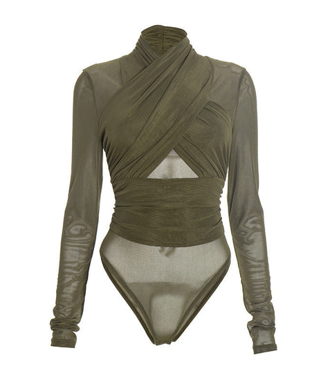 Chic Olive Green Mesh Wrap Bodysuit: High Neck, Cutout Long Sleeve – Your Fall & Holiday Statement Piece