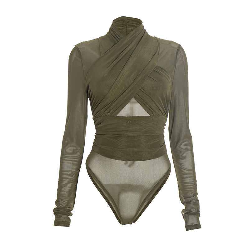 Chic Olive Green Mesh Wrap Bodysuit: High Neck, Cutout Long Sleeve – Your Fall & Holiday Statement Piece