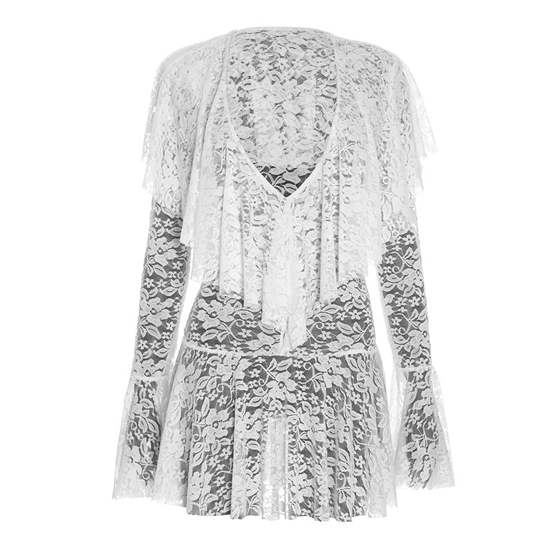 Enchanting White Lace Deep V Ruffle Mini Dress – Your Ethereal Pick for Halloween & Holiday Glam