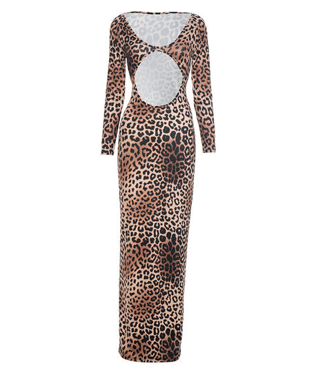 Fierce & Chic: Long Sleeve Leopard Print Maxi Dress with Daring Cutout - Your Fall & Holiday Statement Piece
