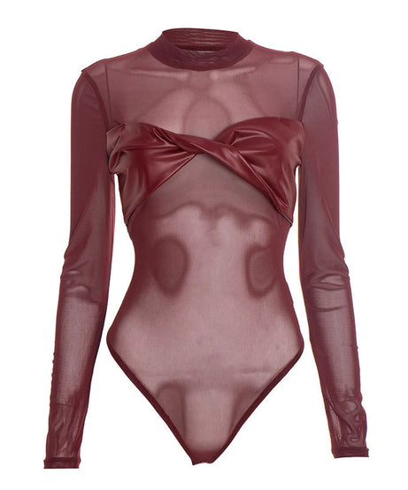 Crewneck long sleeve mesh PU leather bodysuit