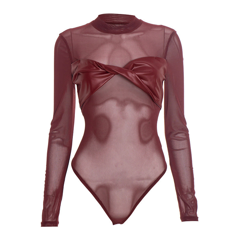 Crewneck long sleeve mesh PU leather bodysuit