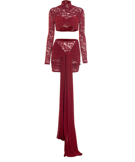Glamorous Wine Red Lace Crop Top & Mini Skirt Set with Dramatic Train - Holiday & NYE Ready
