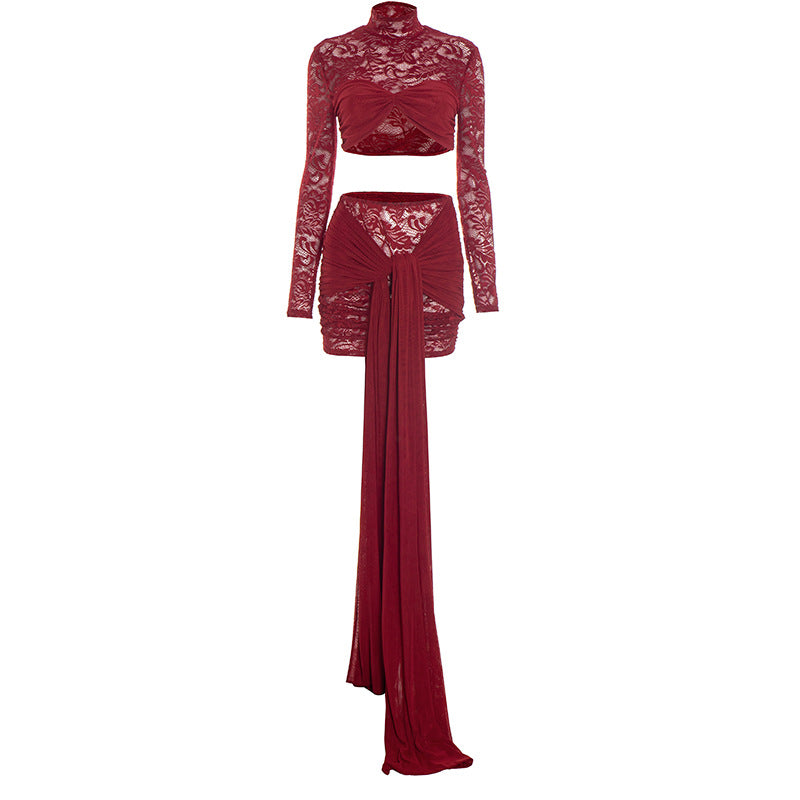 Glamorous Wine Red Lace Crop Top & Mini Skirt Set with Dramatic Train - Holiday & NYE Ready
