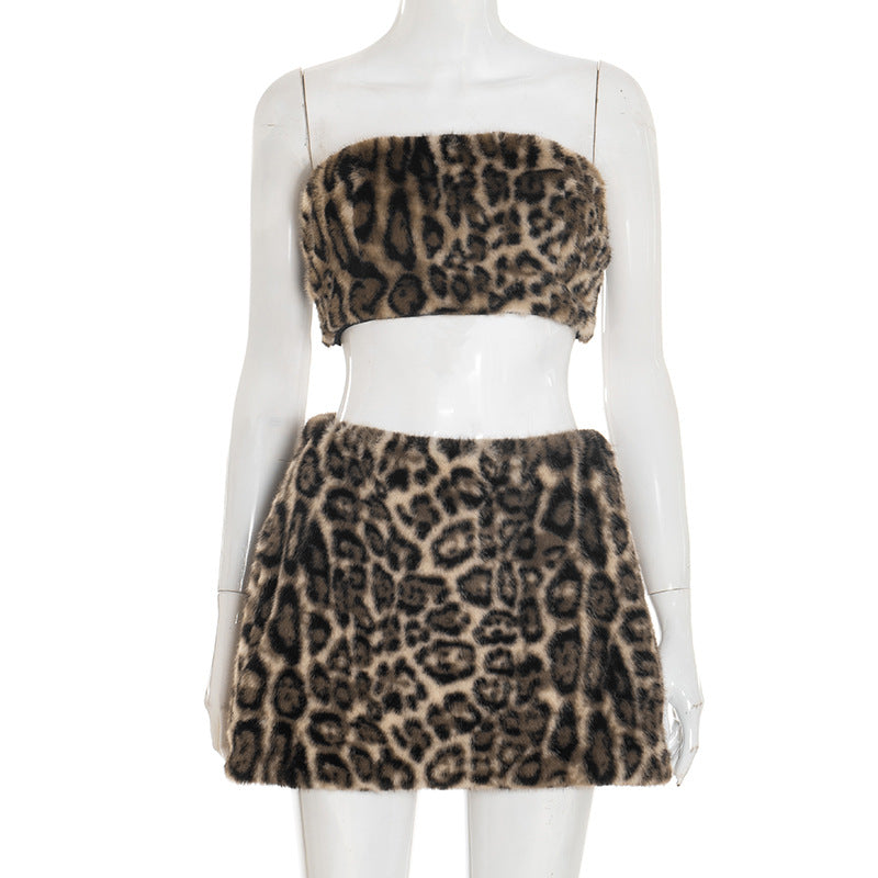 Fall/Winter Glam: Leopard Faux Fur Tube Top & Mini Skirt Set