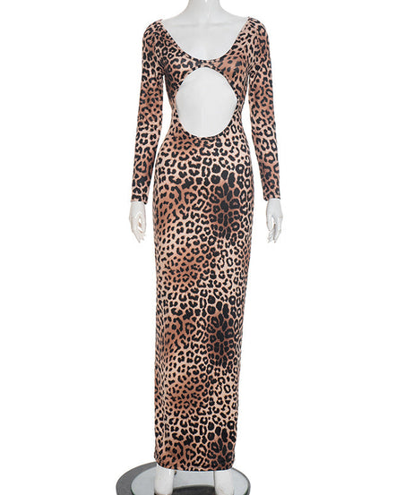 Fierce & Chic: Long Sleeve Leopard Print Maxi Dress with Daring Cutout - Your Fall & Holiday Statement Piece