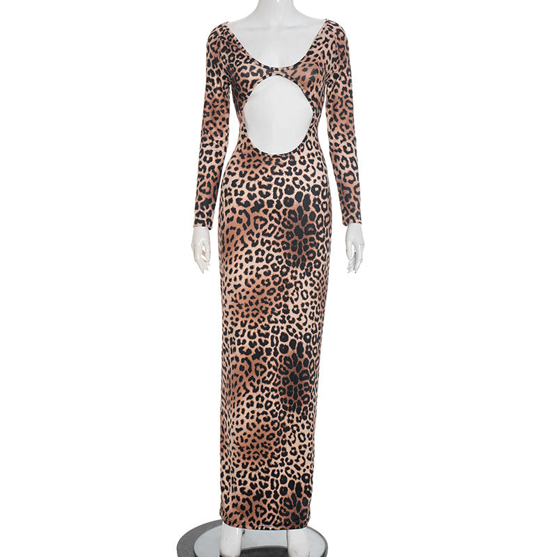 Fierce & Chic: Long Sleeve Leopard Print Maxi Dress with Daring Cutout - Your Fall & Holiday Statement Piece