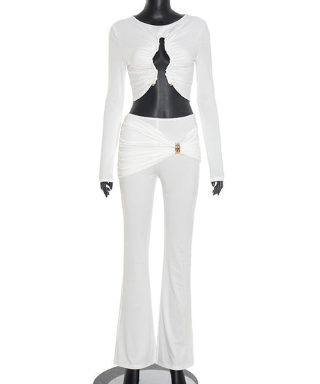 Chic White Ruched Cut-Out Long Sleeve Crop Top & Flare Pant Set | Holiday Party & Resort Ready
