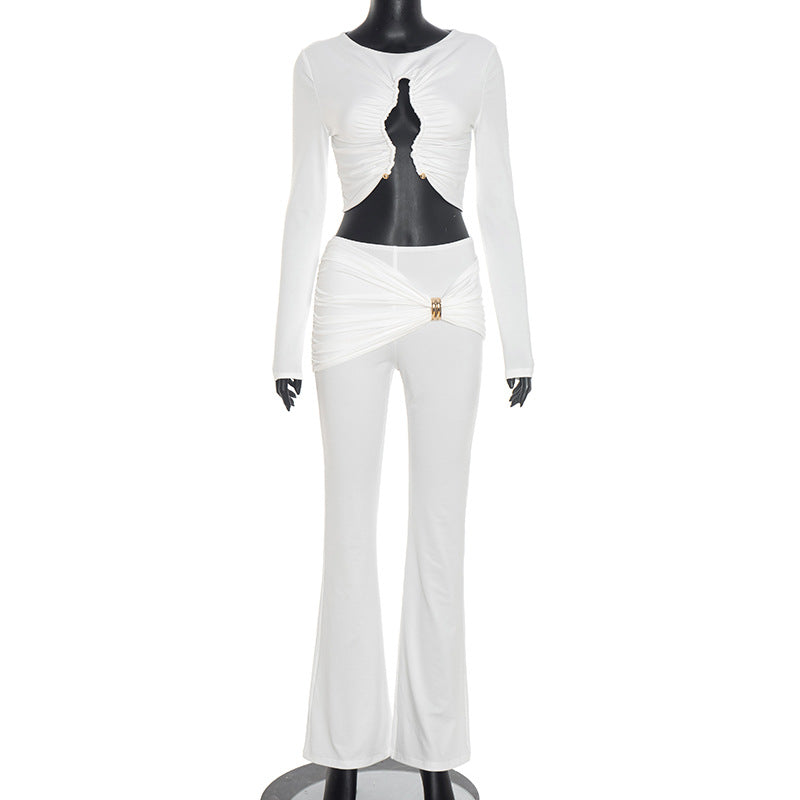 Chic White Ruched Cut-Out Long Sleeve Crop Top & Flare Pant Set | Holiday Party & Resort Ready