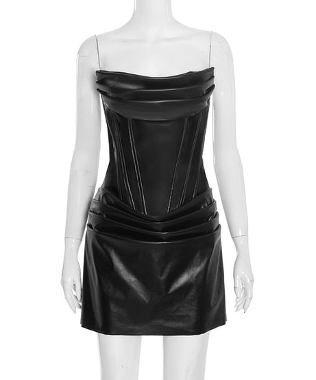 Sultry Faux Leather Corset Mini Dress - Strapless Ruched Bodycon for Holiday & NYE Parties