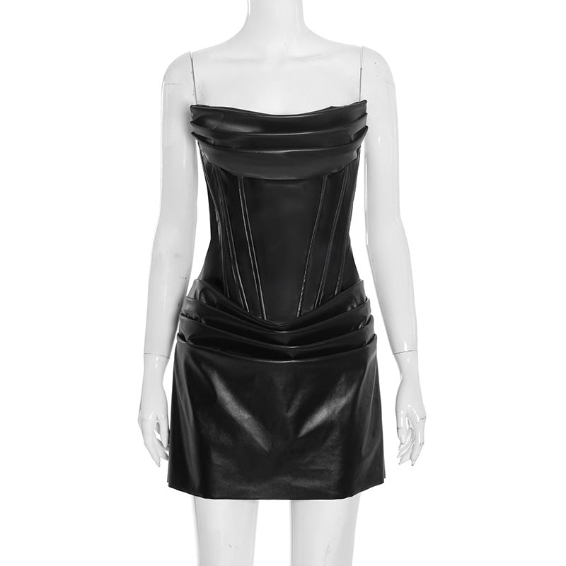Sultry Faux Leather Corset Mini Dress - Strapless Ruched Bodycon for Holiday & NYE Parties