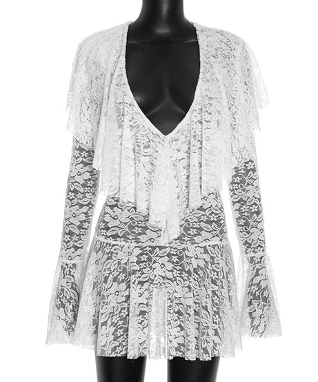 Enchanting White Lace Deep V Ruffle Mini Dress – Your Ethereal Pick for Halloween & Holiday Glam