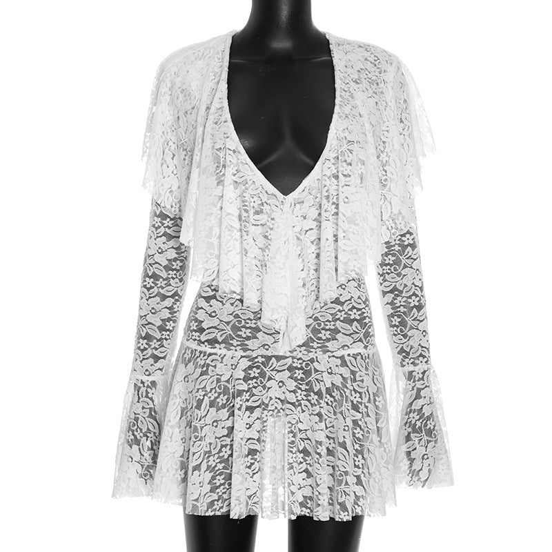 Enchanting White Lace Deep V Ruffle Mini Dress – Your Ethereal Pick for Halloween & Holiday Glam